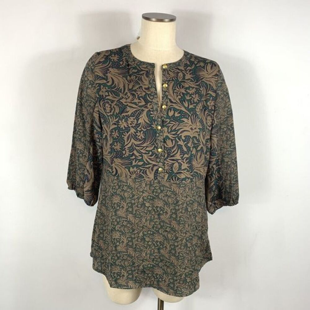 NWOT Liz Claiborne Top S Green Tan Navy Print Boho Peasant Popover Blouse Top